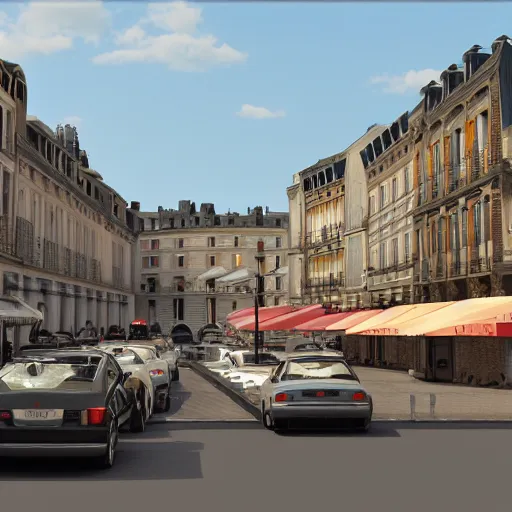 Prompt: a late 9 0 s 3 d render of a french city with sedans and coupes, businesses and people.
