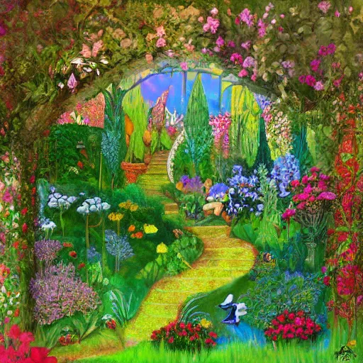 Prompt: a fairytale garden, painted by pablo amaringo