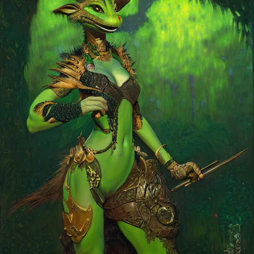 Image similar to a portrait of a female green reptile wearing ornate plastic armor at night in a dark forest. zootopia fursona furaffinity furry art detailed face painting by gaston bussiere craig mullins jc leyendecker gustav klimt artgerm greg rutkowski furry