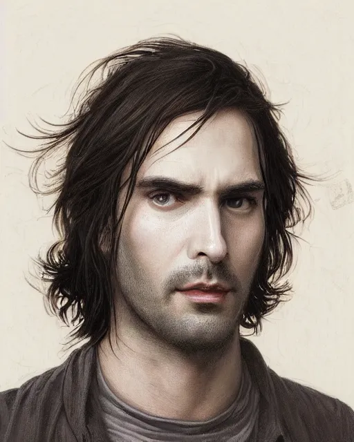 Prompt: portrait of tall, 3 3 - year - old handsome man with long dirty black hair, and grey eyes, wearing black clothes, smooth clear face, no beard, hyper realistic face, aristocratic appearance, hyper realistic face, beautiful eyes, close up, fantasy art, in the style of greg rutkowski, intricate, alphonse mucha, hyper detailed, smooth