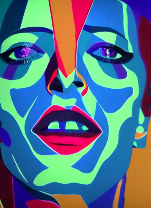 Image similar to portrait close up of david bowie music clip with sonia delaunay clothing, neon lights, photorealistic, eastman kodak