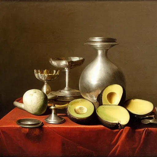 Image similar to still life by willem claesz heda, avocados, bread, linen, a fly, silver, overturned chalice, goblets,