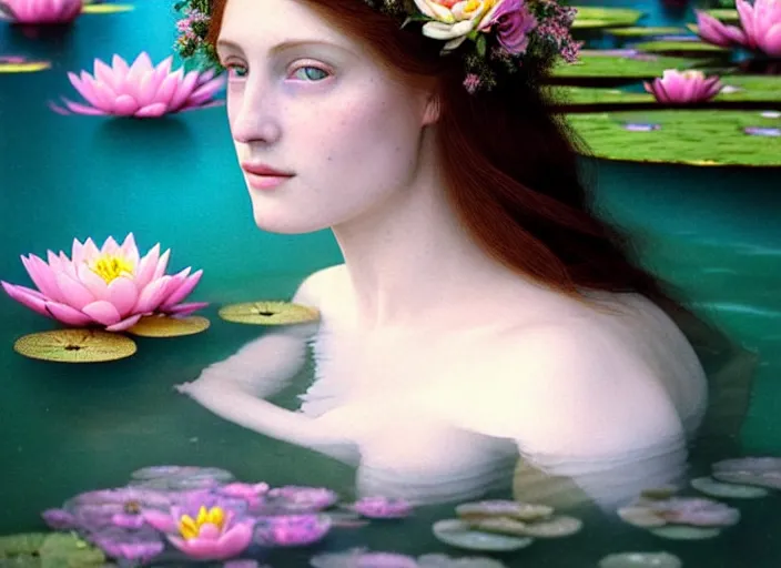 Image similar to Kodak Portra 400, 8K, soft light, volumetric lighting, highly detailed, britt marling style 3/4 ,portrait photo of a beautiful woman how pre-Raphaelites painter, part of the face is underwater of a pond with water lilies, , she has a beautiful lace dress and hair are intricate with highly detailed realistic beautiful flowers , Realistic, Refined, Highly Detailed, natural outdoor soft pastel lighting colors scheme, outdoor fine art photography, Hyper realistic, photo realistic,warm lighting,