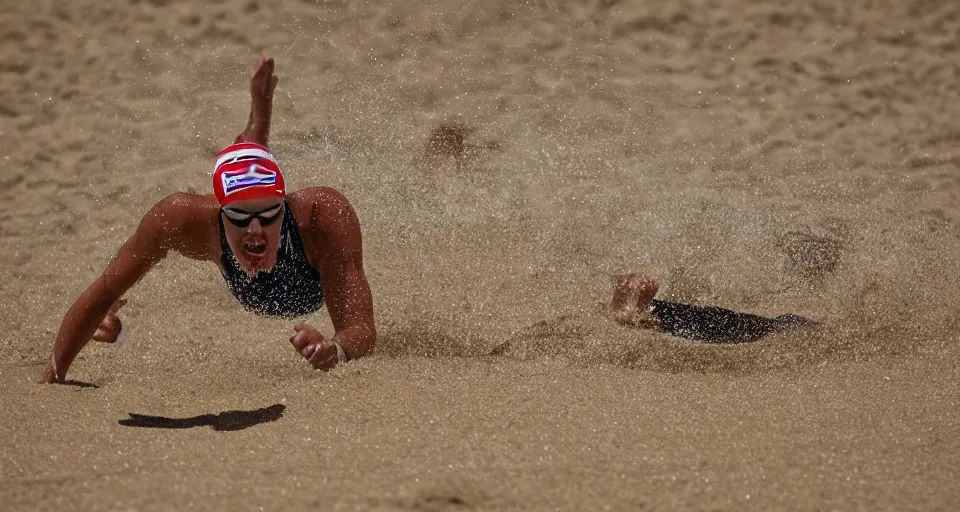 Image similar to olympic swimming in sand instead of water, extremely coherent, motion blur