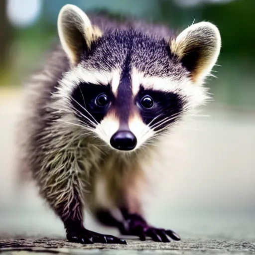 Prompt: a cute baby raccoon playing with a white sneaker shoe, strings undone, 5 0 mm f 1. 4, soft lighting