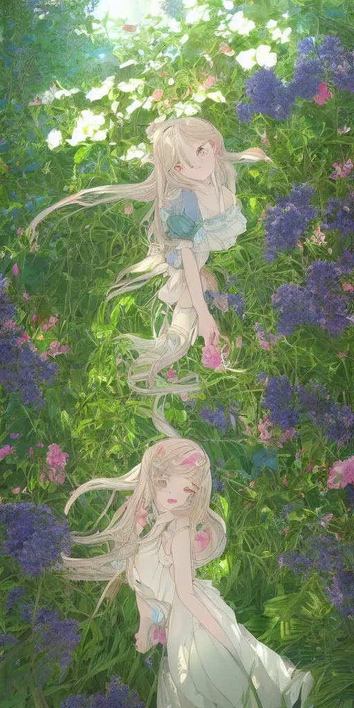 Image similar to a digital art of a loli with long hair in a dress in the privet garden at after noon, green and warm theme, mediumslateblue flowers, low angle, back lighting, by krenz cushart and mucha and akihito yoshida and greg rutkowski and makoto shinkai, highly detailed, 4 k resolution, trending on art station