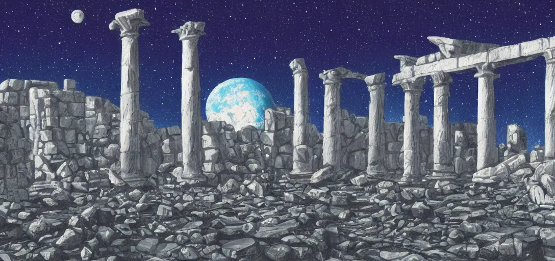 Image similar to The ruins of the Silver Millennium on the moon from Sailor Moon, digital painting, Earth in the distance, Greek-esque columns and ruins