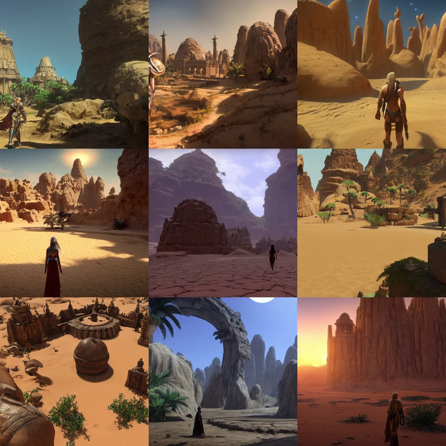 Prompt: character looking at a godly ancient isolated sacred spiritual alien village built in the lush oasis of a vast hot sand desert, 3 rd person action adventure, screenshot, gameplay, final fantasy, square enix, jrpg, cutscene, unreal engine, 4 k, ultra high settings, rtx, next gen graphics, playstation 5, greg rutkowski, tetsuya nomura