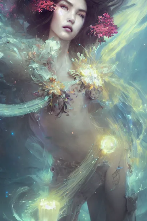 Image similar to the look of a young beautiful girl necromancer covered with crystals exploding space, 3 d render, hyper realistic detailed portrait, holding magic flowers, ruan jia, wlop. scifi, fantasy, hyper detailed, octane render, concept art, peter mohrbacher