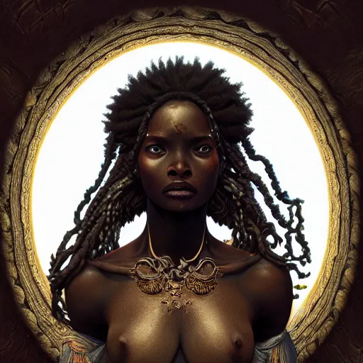 Image similar to Photorealistic ebony goddess in the style of Michael Whelan and Gustave Dore. Hyperdetailed photorealism, 108 megapixels, amazing depth, glowing rich colors, powerful imagery, psychedelic Overtones, 3D finalrender, 3d shading, cinematic lighting, artstation concept art