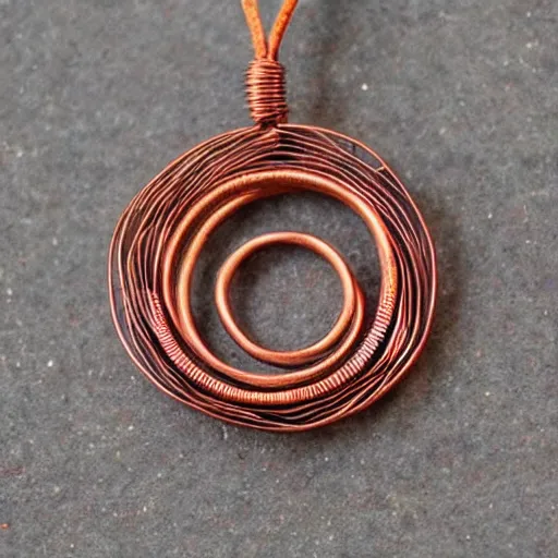 Prompt: a beautiful circular copper wire amulet, made from dirt and sand.