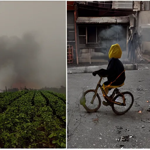 Image similar to a photo of a boy wearing a hazmat suit, riding a bike, side-view, smoke in the background, filthy streets, broken cars. Vines growing. Jpeg artifacts. Full-color photo. Color color color color color. Award-winning photo. Samyang/Rokinon Xeen 50mm T1.5