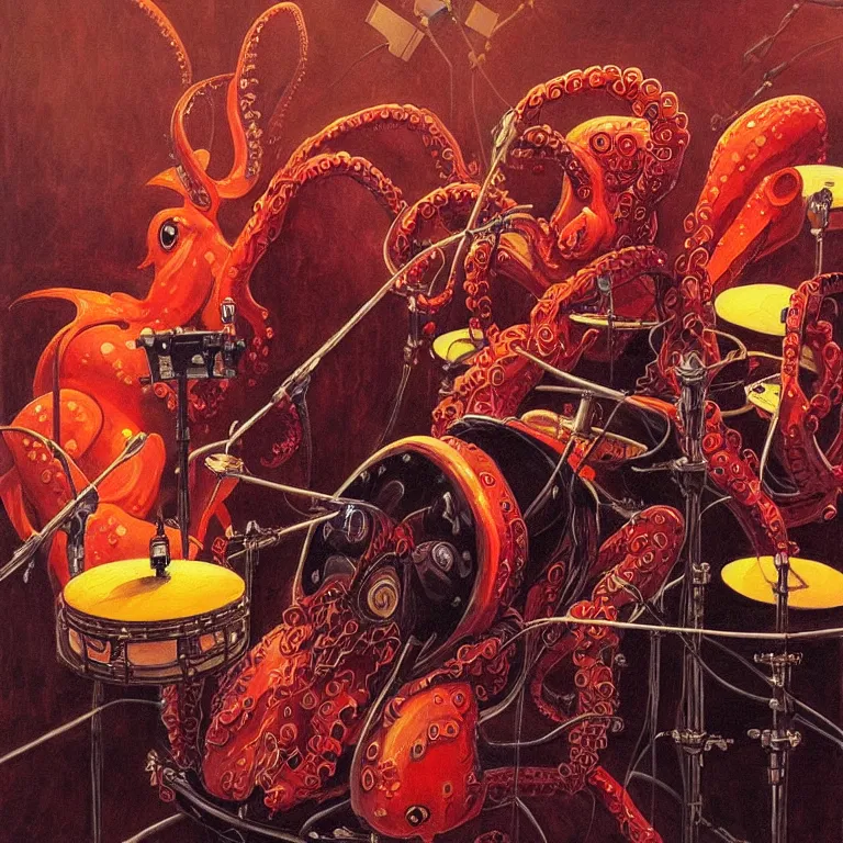 Image similar to a beautiful painting by gerald brom of a couple of octopus robots playing drums and telecaster guitar in an electronic concert, concert light, dark mood, warm lights