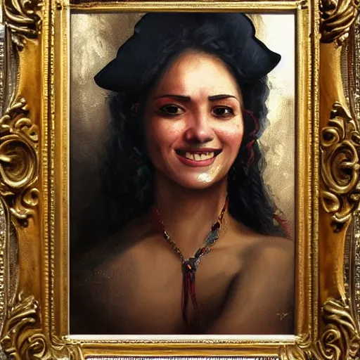 Prompt: oil painting, smiling, happy, beautiful, intelligent, latin, tanned, female pirate captain 2 8 years old, flowing long hair, fully clothed, wise, beautiful, masterful 1 8 0 0 s oil painting, dramatic lighting, sharp focus