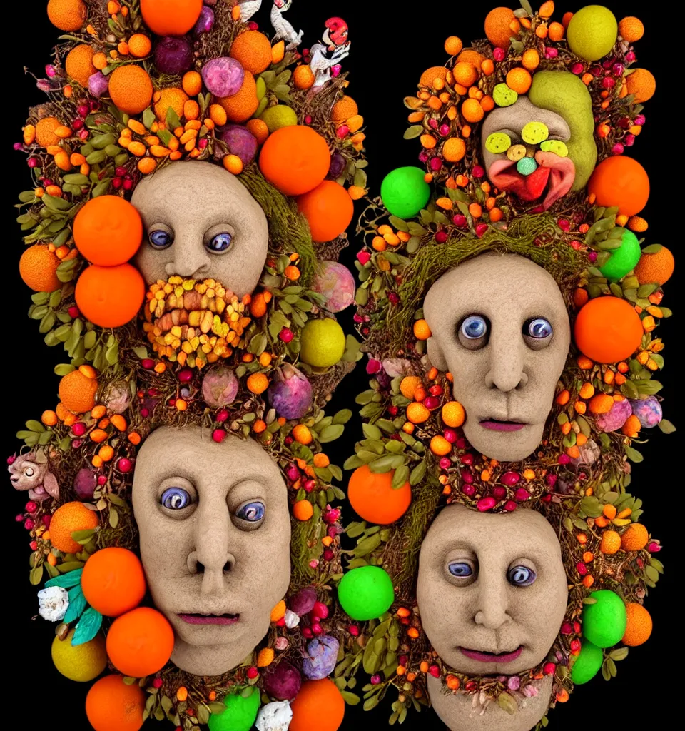 Image similar to headshot of a trickster nature spirit, head made of fruit gems and flowers in the style of arcimboldo, fragonard, photorealistic, dynamic lighting, action figure, clay sculpture, claymation, dull orange streaked background
