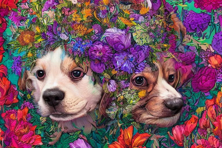 Image similar to a painting of a cute puppy with a lot of flowers and plants on its head, poster art by android jones, behance contest winner, generative art, made of flowers, grotesque, concert poster