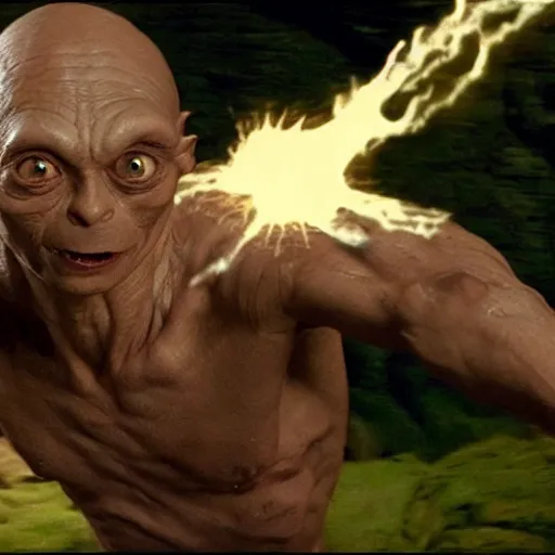 Image similar to Gollum fights volandemort , action , in motion , wizard , magic