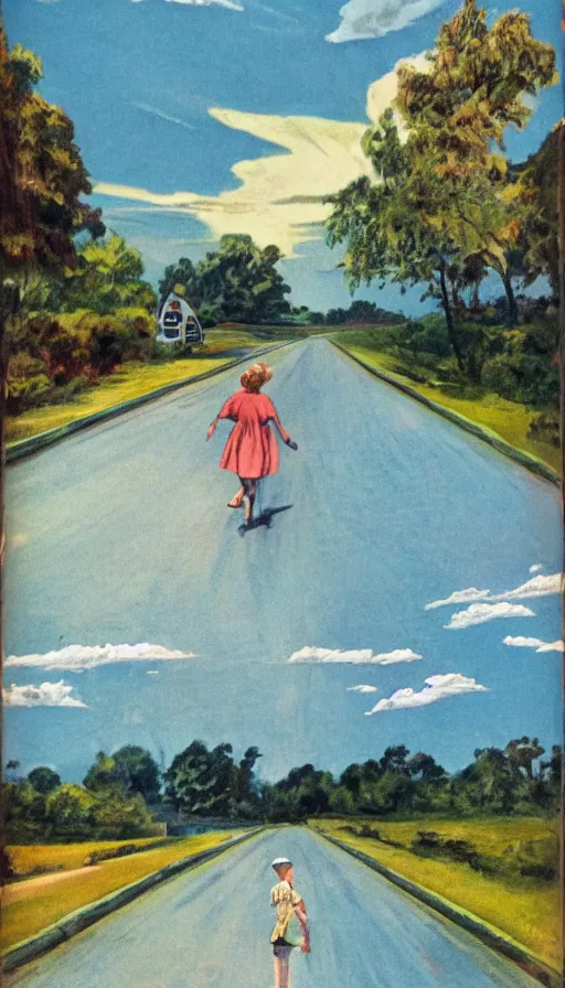 Image similar to paperback book cover. 1 9 5 0 s. pure colors, melting clouds, accurately drawn details, a sunburst above a receding road with the light reflected in furrows and ruts, after rain. and no girls.