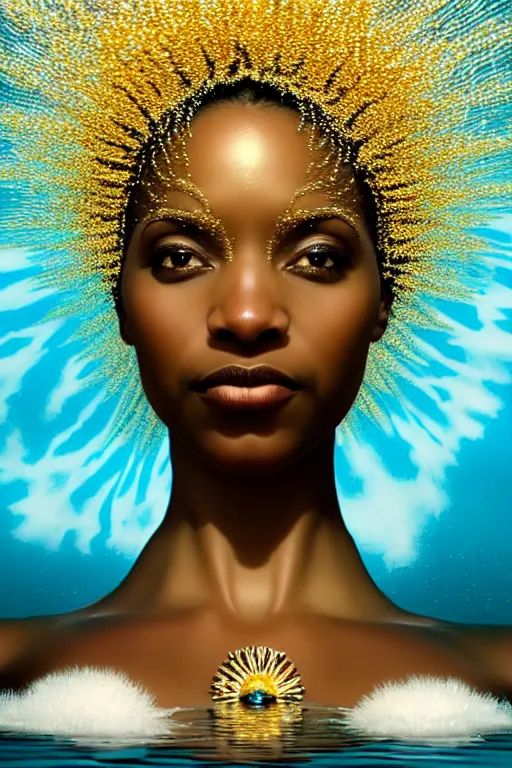 Image similar to hyperrealistic postmodern cinematic very beautiful! black oshun goddess with white! iris, in water, yoruba body paint, mirror dripping droplet!, gold flowers, highly detailed digital art masterpiece, smooth robert steven connett eric zener dramatic teal light, ground angle uhd 8 k, sharp focus