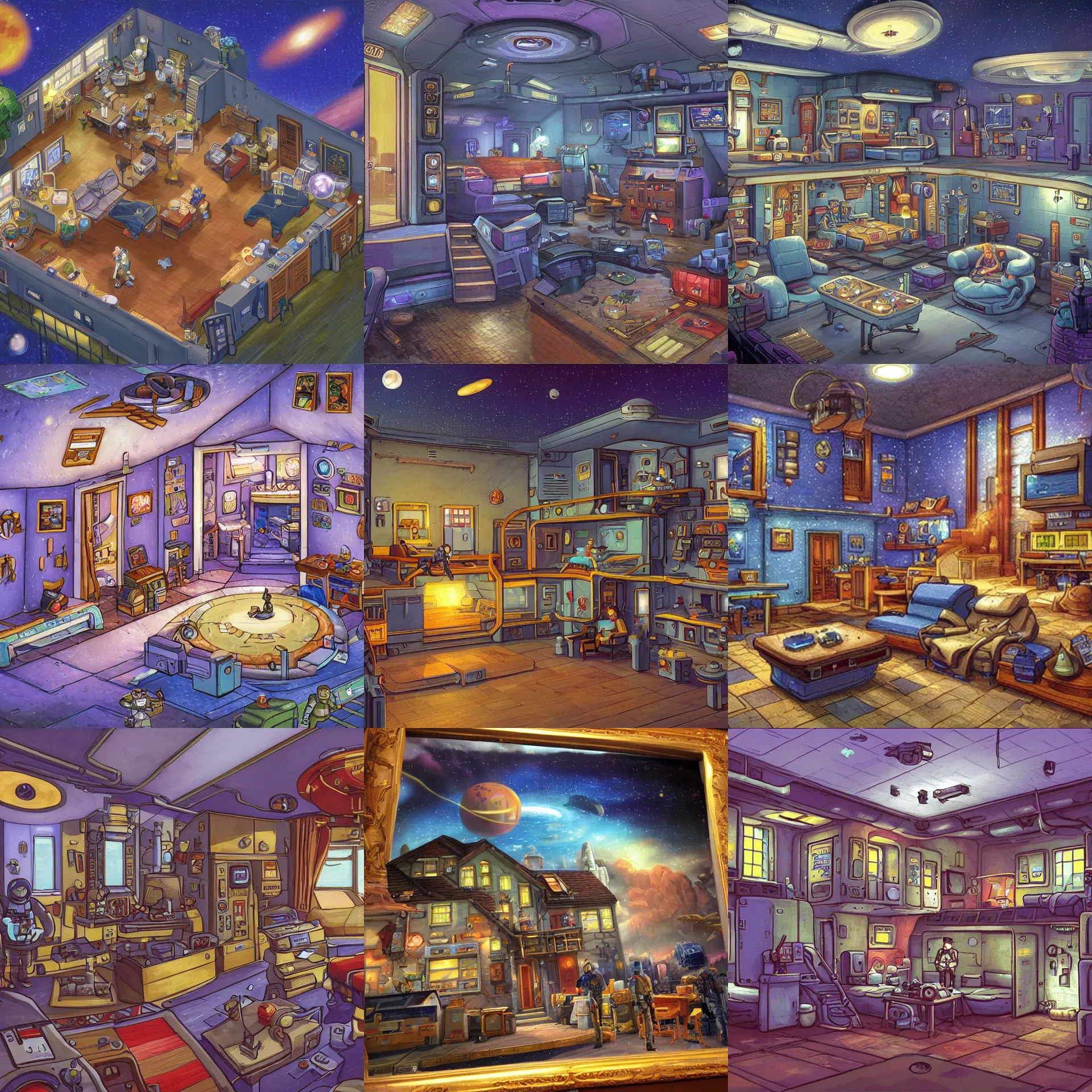 Prompt: an officer's living quarters, with main game character standing in the middle, from a space themed lucasarts point and click 2 d graphic adventure game, art inspired by thomas kinkade