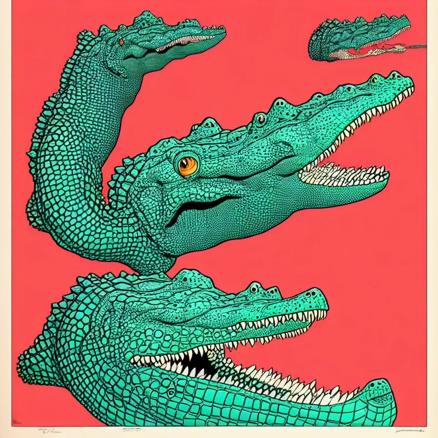 Prompt: ( ( ( ( beautiful crocodile surrounded by decorative frame design ) ) ) ) by mœbius!!!!!!!!!!!!!!!!!!!!!!!!!!!, overdetailed art, colorful, artistic record jacket design