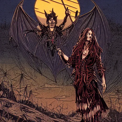 Image similar to vampire Mortiis floating in the air, sunset by Dan Mumford. Wearing leather and spikes