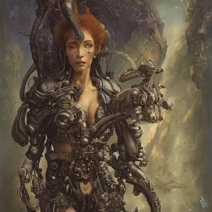 Image similar to a portrait photograph of a scaled tropical female alien. she wearing a tactical suit and has many body modifications. by tom bagshaw, donato giancola, hans holbein, walton ford, gaston bussiere, brian froud, peter mohrbacher and magali villeneuve. 8 k, fashion editorial, cgsociety