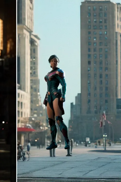 Image similar to VFX movie still frame portrait beautiful DC vs. Marvel hero woman natural skin, hero pose, natural evening light in the city by Emmanuel Lubezki