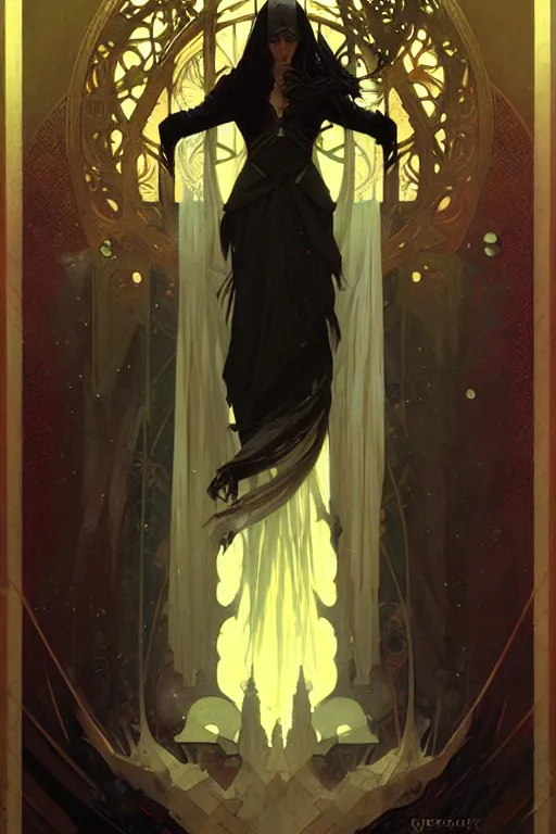 Prompt: Dark wizard, fantasy, painting by greg rutkowski and alphonse mucha