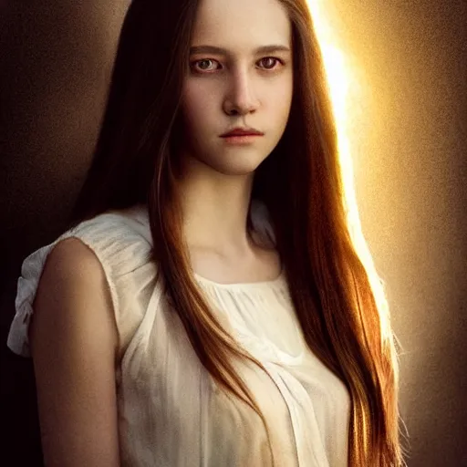 Image similar to pure and kind aristocratic long straight brunette female portrait, innocent, pure, naive, atmospheric lighting, painted, intricate, volumetric lighting, beautiful, rich deep colours masterpiece, golden hour, sharp focus, ultra detailed, by leesha hannigan, ross tran, thierry doizon, kai carpenter, ignacio fernandez rios