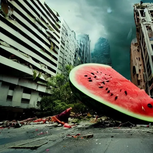 Prompt: an big watermelon falling from the sky crush the high building cause big destruction, cinematic, movie still , Holywood quality