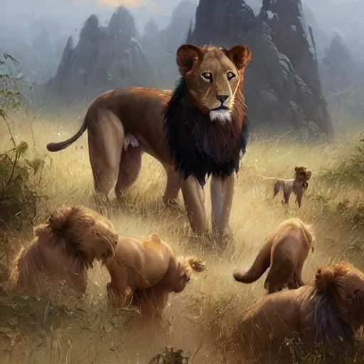 Prompt: 100 dogs fight against 10 lions, oil painting, style of by Jordan Grimmer and greg rutkowski,