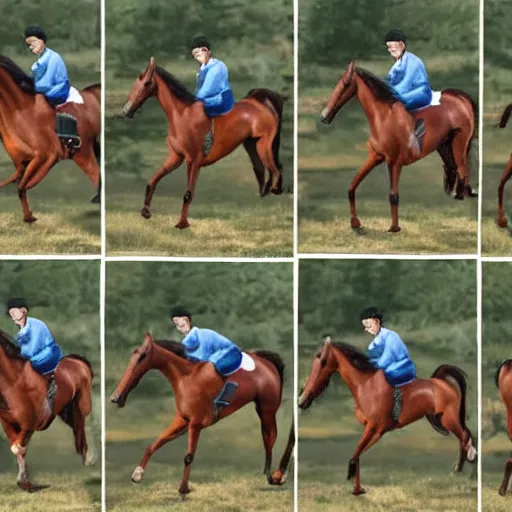 Prompt: an animation of the same horse running left to right shot frame by frame, separated into equally sized frames, from'animation types'