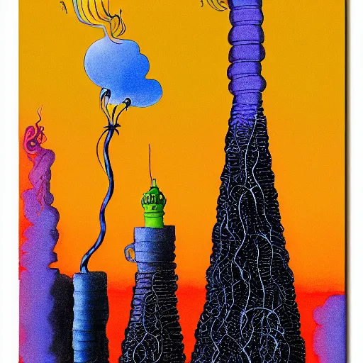 Prompt: dr. seuss surrealism tower | midnight paintings | intricate detail | bold colors | illustration | barren waste with single tower