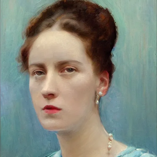 Image similar to portrait painting of a lady in a light blue dress 1 9 0 0 s entire face shown in great detail, garden, photorealistic, extreme detail, sharp focus, 8 k, intricate, hyper detailed, realistic, cinematic lighting