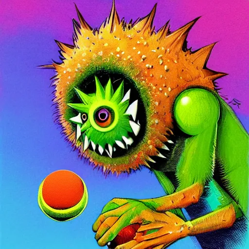 Image similar to a tennis ball monsters , digital art, fantasy, magic, trending on artstation, ultra detailed, professional illustration by Basil Gogos