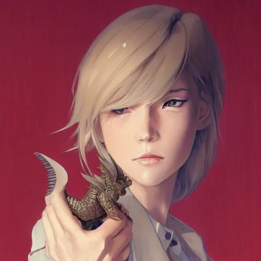 Prompt: A Beautiful young blond woman , holding a small dragon || VERY ANIME, fine-face, realistic shaded perfect face, fine details. Anime. realistic shaded lighting poster by Ilya Kuvshinov katsuhiro otomo ghost-in-the-shell, magali villeneuve, artgerm, Jeremy Lipkin and Michael Garmash, Rob Rey and Kentarõ Miura style, trending on art station