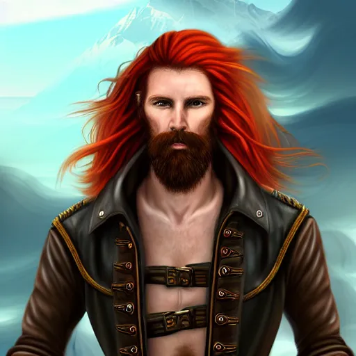 Image similar to portrait of a rugged!!!! male captain with long red hair!!!!!!, upper body, flowing hair, ethereal, handsome, smirk, leather coat, pirate!!!!!!!, ocean, D&D, fantasy, simple clothing!!!!, elegant, highly detailed, digital painting, cinematic lighting, stunning lighting, sensual, deviantart, artstation, concept art, sharp focus, illustration, art by Artgerm and Greg Rutkowski and Alphonse Mucha