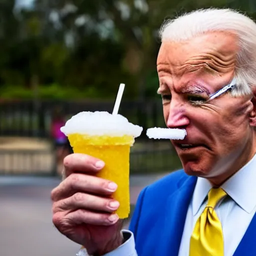 Prompt: a caricature of Joe Biden drinking a slushie at disney world