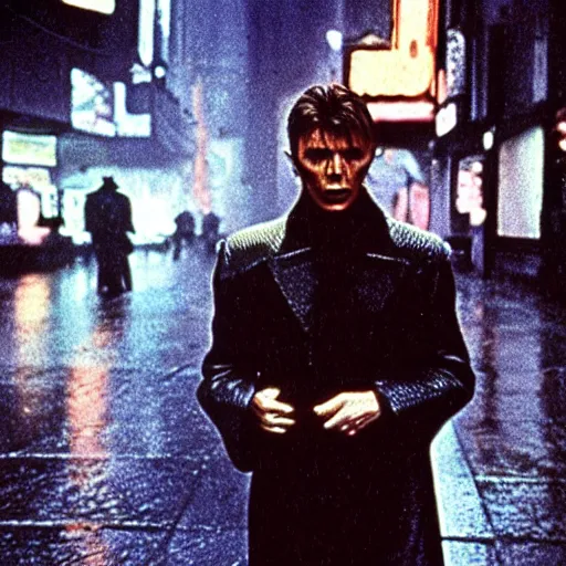 Prompt: David bowie in a rainy bladerunner city street, movie still 4k