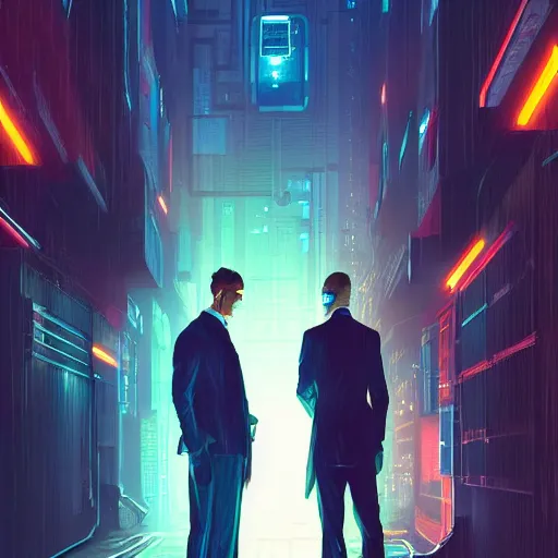 Image similar to two cyberpunk businessmen, detailed digital illustration by greg rutkowski, cyberpunk back alley, nighttime, colorful lighting, android netrunner