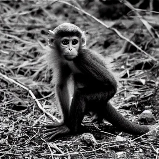 Prompt: cute baby monkey full body photo, ILFORD XP2 Super