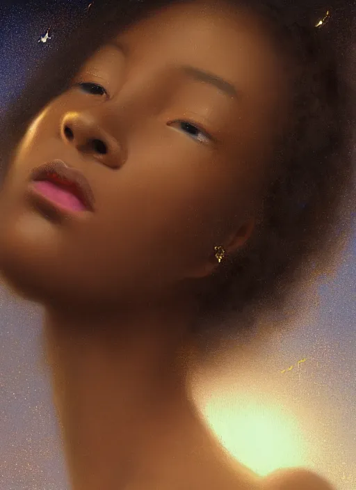 Image similar to oil painting close up portrait of a contemplative young black woman with long flowing hair in a dress made of nebular stardust galaxies, with white roses at sunset, hazy, digital art, chiaroscuro, artstation, cinematic, golden hour, concept art, digital art painting by greg rutkowski, william - adolphe bouguereau, hazy atmosphere, cinematic lighting