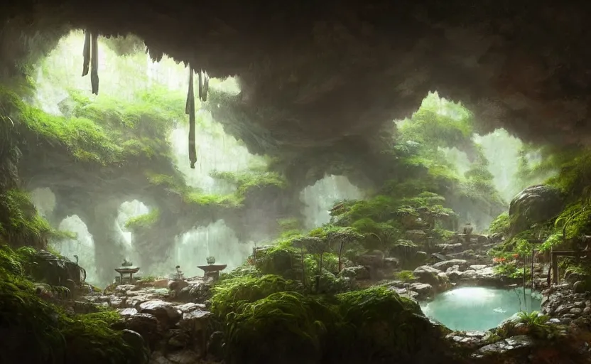 Image similar to painting of an interior of a hidden japanese hotspring in a small cave, fantasy, lush plants and flowers, natural light, concept art, by greg rutkowski, cozy atmospheric and cinematic lighting, trending on artstation