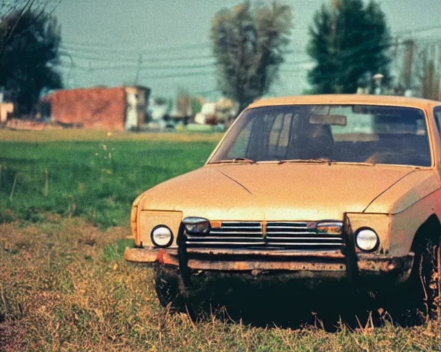 Image similar to a lomographic photo of old lada 2 1 0 7 standing in typical soviet yard in small town, hrushevka on background, cinestill, bokeh