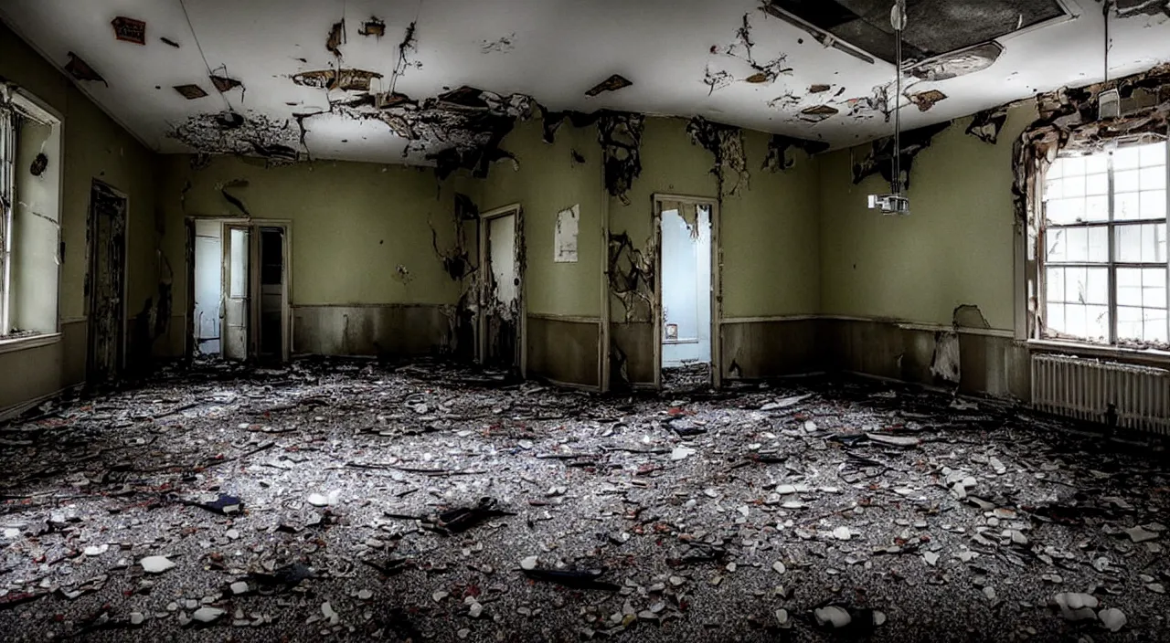 Prompt: photograph of the inside of a rotting abandoned hospital with a checkered floor, crime scene, horror, joe biden barely in view in the corner with a demonic grin on his face