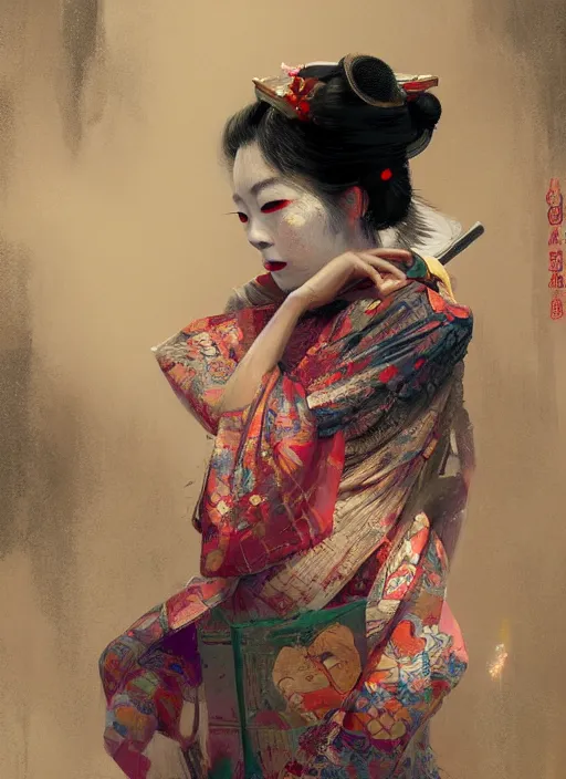 Image similar to female geisha girl, beautiful face, colourful, rule of thirds, intricate outfit, spotlight, by greg rutkowski, by jeremy mann, digital painting