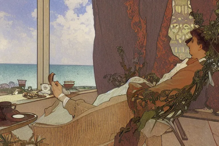 Image similar to a matte painting of a man sitting down and having a cup of tea in his house by the beach, by alphonse mucha, muted colors