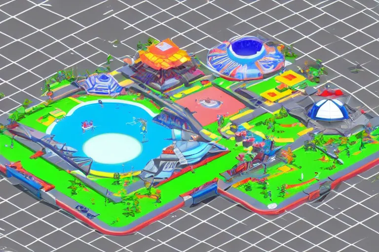 Image similar to isometric view of a futuristic high - tech sky arena inspired by modern skate parks and modern chinese playgrounds in the style of mario 3 d world, day