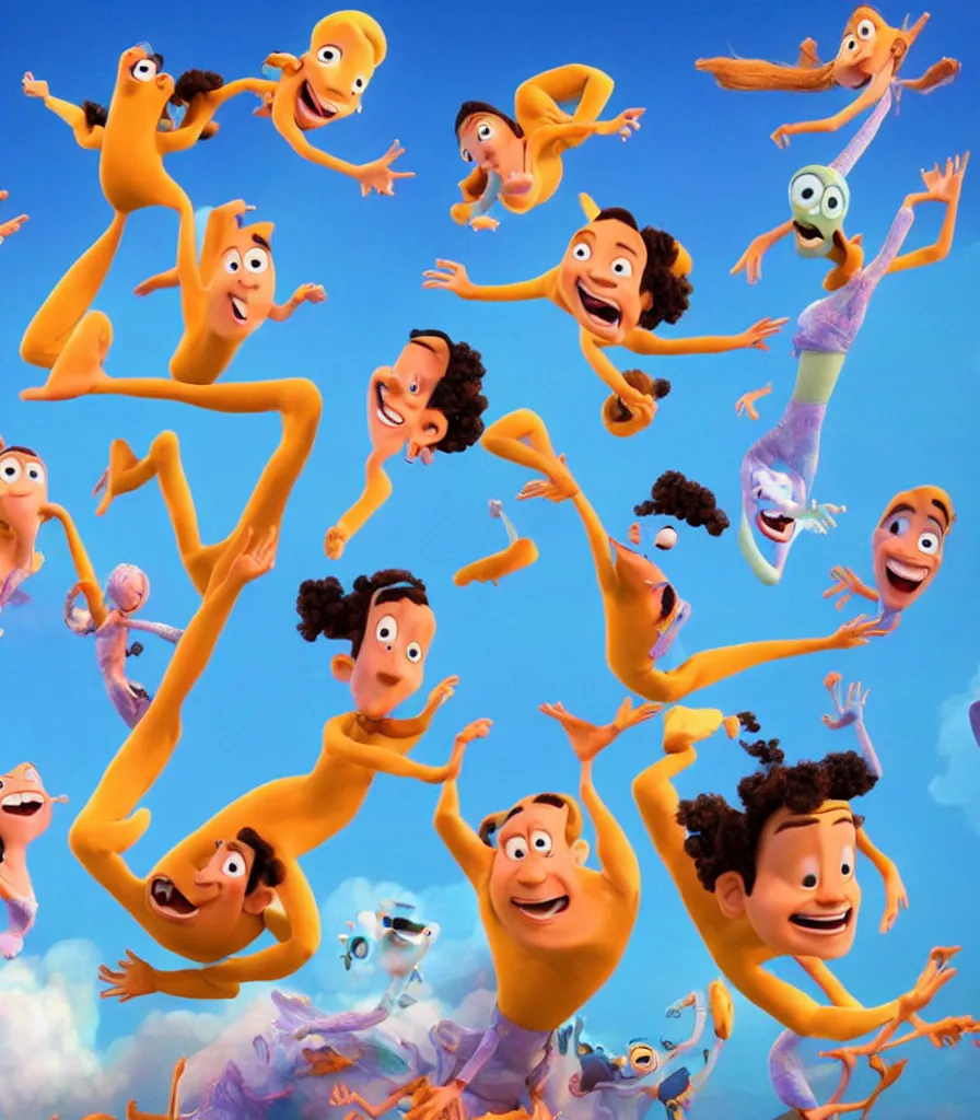 Image similar to full body shot of dancers dancing on the clouds, 3 d animated pixar illumination studios animated movie by pete docter, extremely joyful and eerie smiles, slimy fluid liquid
